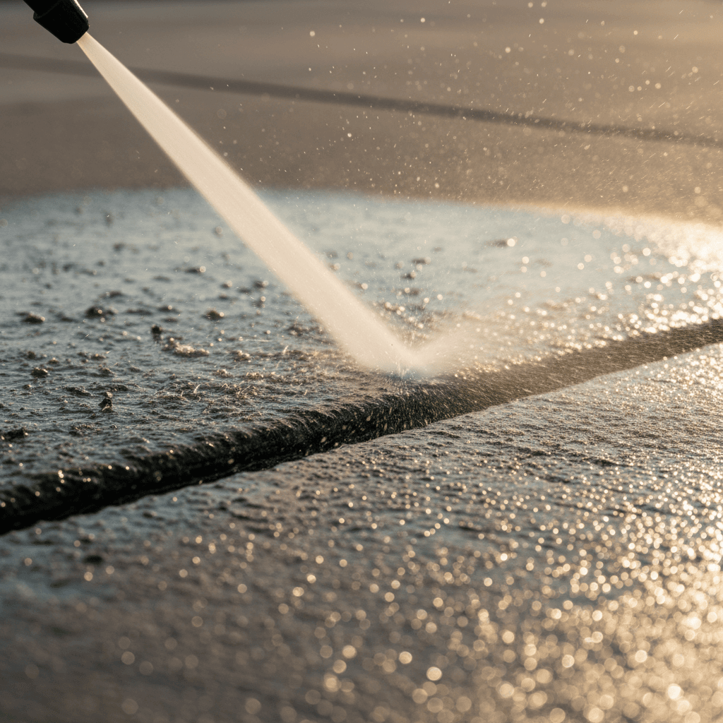 Pressure washing nozzle cleaning concrete surface