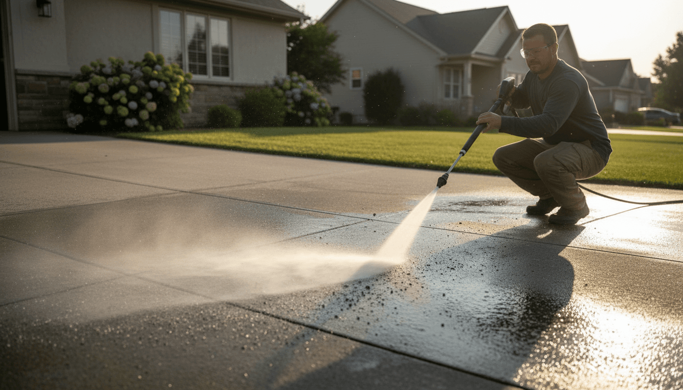 Professional pressure washing a residential driveway, showing dramatic transformation from dirty to clean concrete
