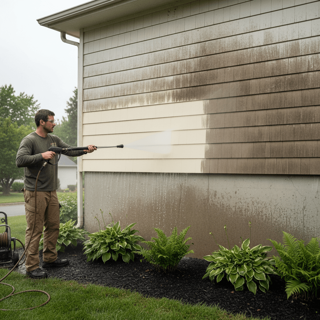 Professional pressure washing house siding to remove dirt, mold, and weather stains
