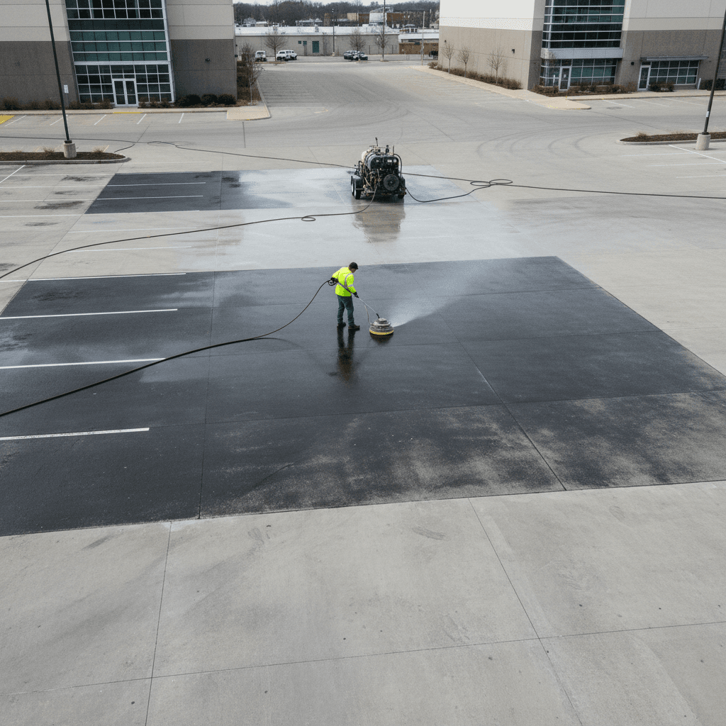 Commercial concrete cleaning showing dramatic before-and-after results on a large parking lot