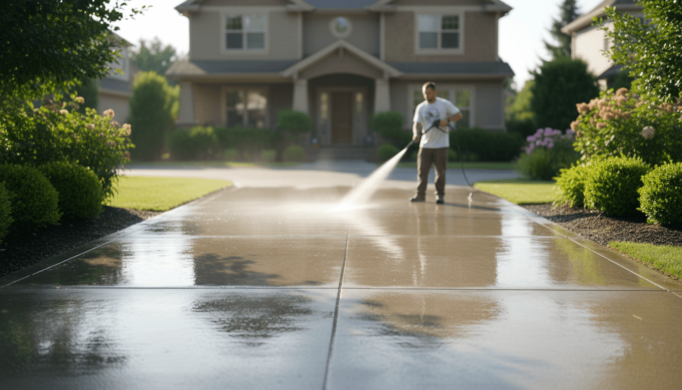 Clean residential driveway after pressure washing service