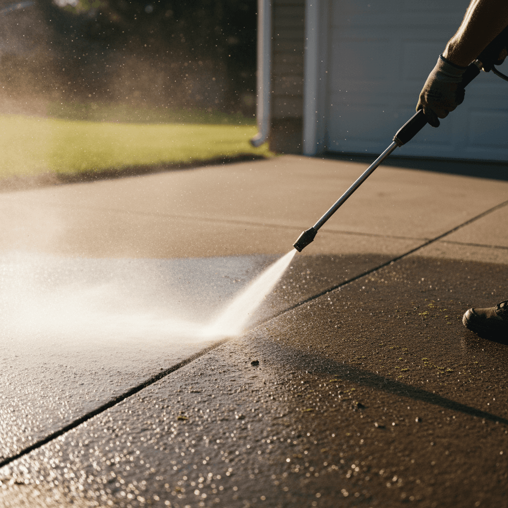 Pressure washer cleaning concrete driveway