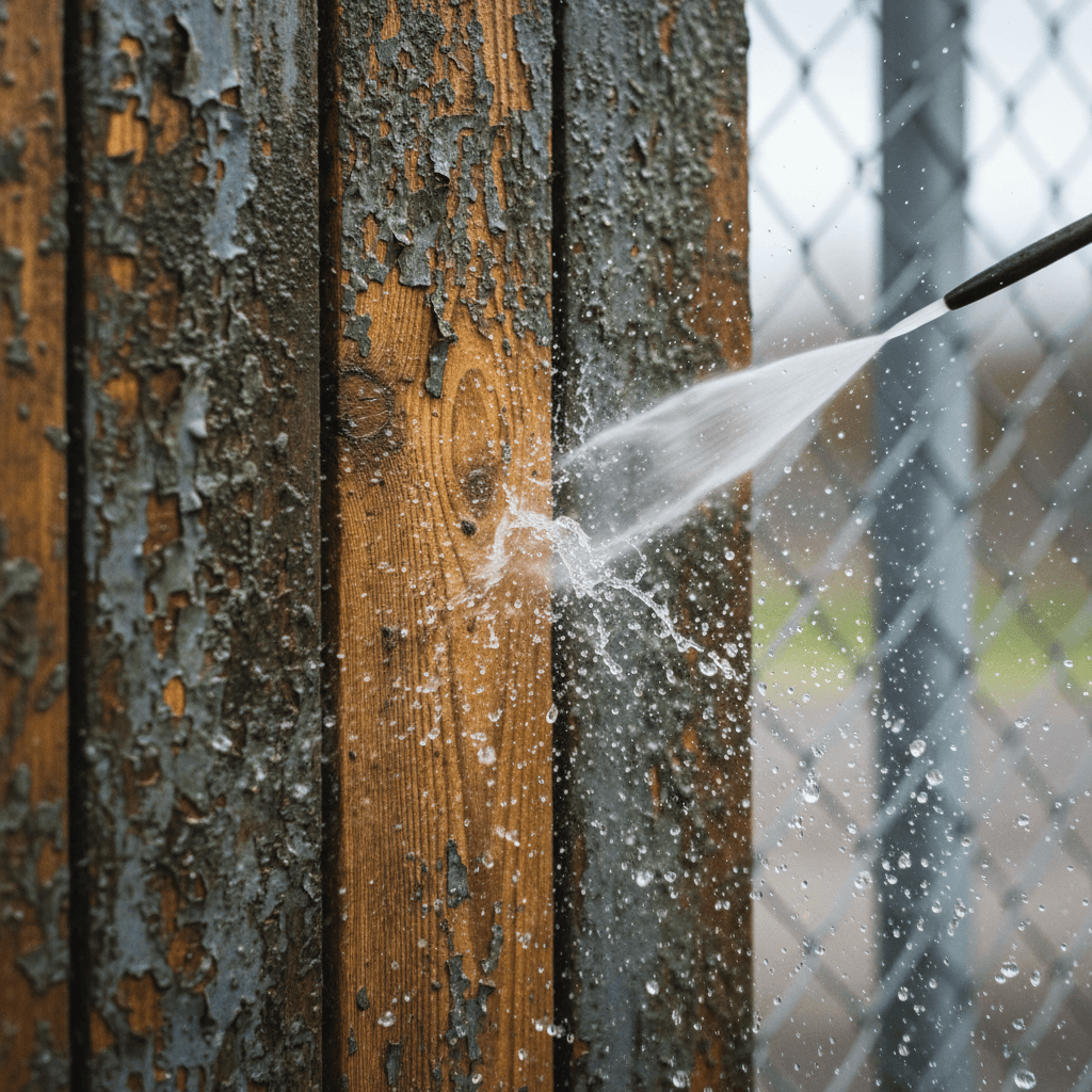 Wooden fence cleaning with water revealing restored wood color