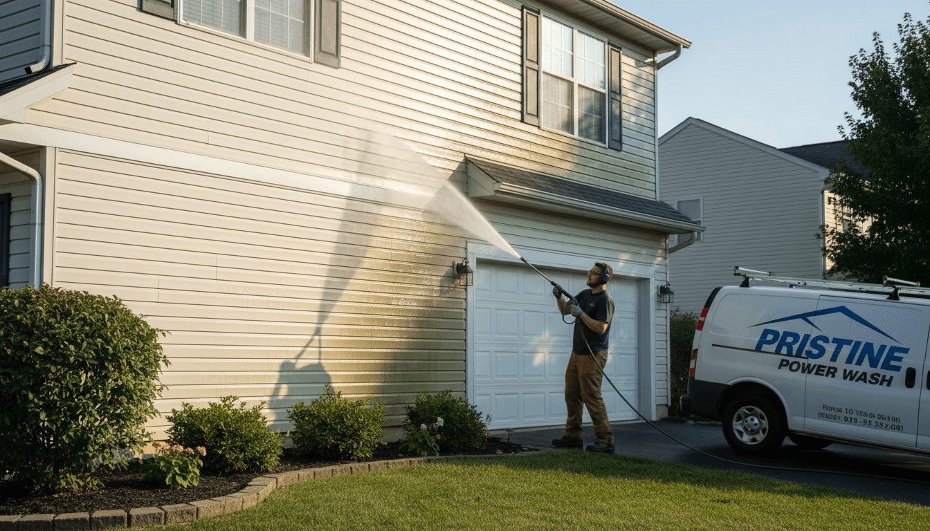 House siding being pressure washed, showing before and after sections