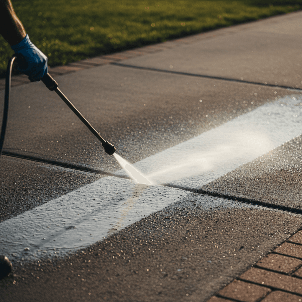 Driveway pressure washing in progress, water and stains being removed